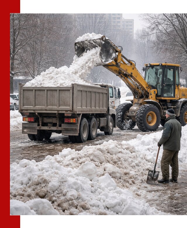 Вывоз снега грузовой техникой в Анжере-Судженске оперативно и чисто