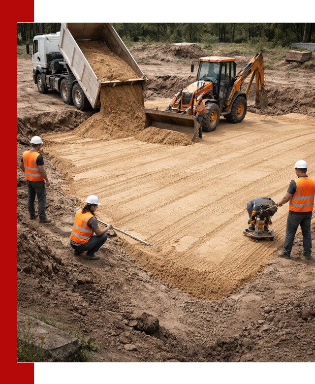 Устройство песчаной подушки для фундаментов и дорог в Анжеро-Судженске